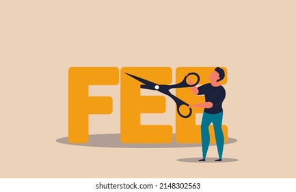 Fee waiver charge and account cost interest to paid. Offer safety package custom and discount vector illustration concept. Businessman commission cut with scissors and decrease rate percent earnings