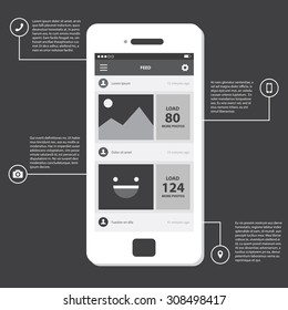 Feed activity mobile app ui wireframe screen. Friend's feed news, information, application prototype screen, template.