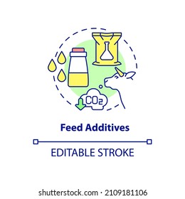 Feed additives concept icon. Dairy cows nutrition abstract idea thin line illustration. Reducing methane. Isolated outline drawing. Editable stroke. Roboto-Medium, Myriad Pro-Bold fonts used