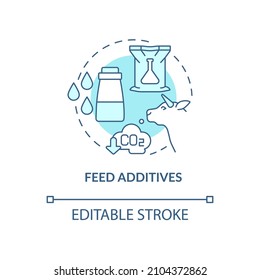 Feed additives turquoise concept icon. Livestock greenhouse gases reduction abstract idea thin line illustration. Isolated outline drawing. Editable stroke. Roboto-Medium, Myriad Pro-Bold fonts used