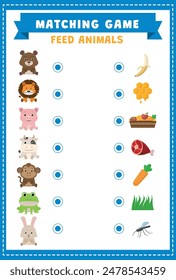 Alimentar animales.  Juego educativo para niños. Hoja de juego coincidente para niños. 