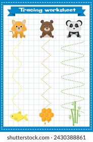 Feed the animals. Trace line page game for kids with different lines. Preschool or kindergarten tracing worksheet with dashed lines for practicing fine motor skills.Handwriting practice sheet. 