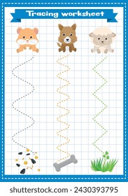 Feed the animals. Trace line page game for kids with different lines. Preschool or kindergarten tracing worksheet with dashed lines for practicing fine motor skills.Handwriting practice sheet. 