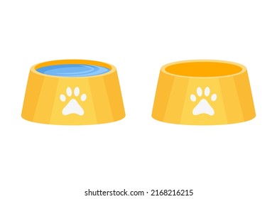 Feed bowl, pet drink plates vector illustration. Bowl full water and empty crockery for dogs and cats. Drinker for domestic animal thirst quencher on white background