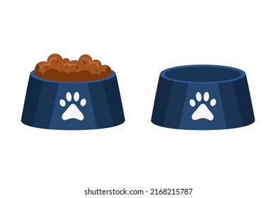 Cuenco de alimentación, ilustración vectorial de placas de alimentos para mascotas. Tomen comida completa y vajilla vacía para perros y gatos. Artículos para bocadillos animales domésticos sobre fondo blanco