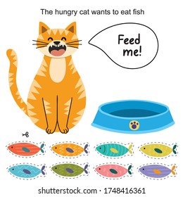 Feed the cat activity page for kids. Counting game for toddlers. Put the fish on the plate and count it. Vector illustration