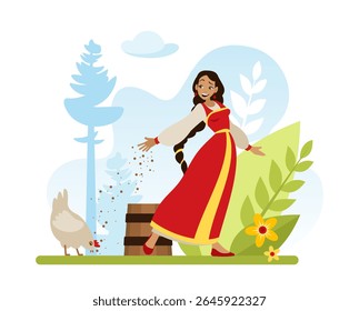 Alimente as galinhas da vila com ração mista. Uma menina eslava em um vestido vermelho está espalhando grãos no quintal, cuidando de aves. Ilustração de provérbios. Olhar retrô em um estilo de desenho animado plano