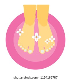 
Feed dipped in a rubber tub filled with water and daisies inside, pedicure depiction 
