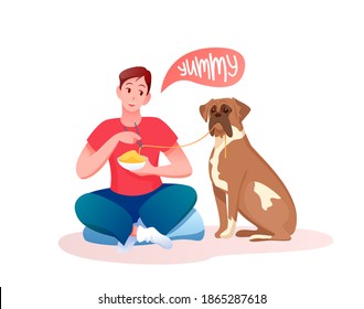 Feed dog vector illustration. Cartoon young man giving food to own saint bernard dog, male owner character feeding own doggy pet with favourite yummy noodles. Love, care of animals isolated on white