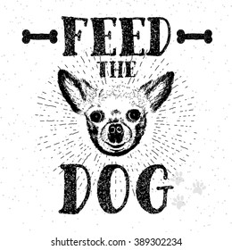 Feed the dog. Vector illustration with hand drawn lettering and dog on texture background. Inscriptions for dog lovers. Painted brush lettering. Custom typography. Calligraphic. Demanding phrase.