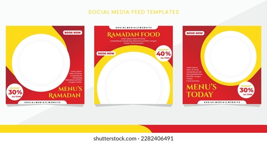 Feed Food and Restaurant Social Media Post Template with Ramdan theme and red , yellow color background. eps 10.