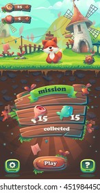 Feed the fox GUI - cartoon stylized vector illustration mobile format mission collected window. For print, create video or web graphic design, game user interface, card, poster.