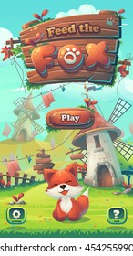 Feed the fox GUI - cartoon stylized vector illustration mobile format window with fox, play and options buttons. 