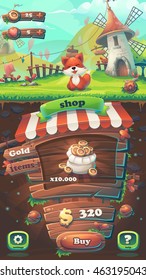 Feed the fox GUI match 3 shop window - cartoon stylized vector illustration mobile format  with options buttons, game items.