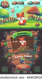Feed the fox GUI match 3 bonus window - cartoon stylized vector illustration mobile format  with options buttons, game items.