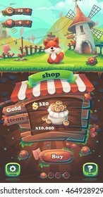 Feed the fox GUI match 3 shop window - cartoon stylized vector illustration mobile format  with options buttons, game items.