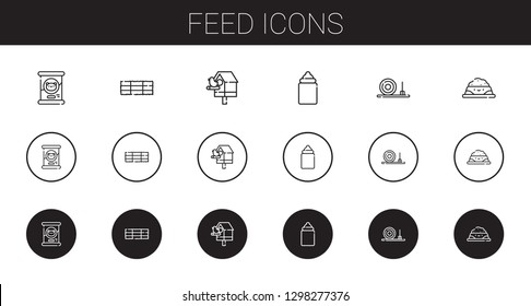 feed icons set. Collection of feed with cat food, hay bale, birdhouse, feeder, straw bale, pet food. Editable and scalable feed icons.