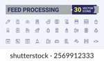 Feed Processing icon set. Includes icons for machinery, animal, screw, silos, feed, web, eat. Thin outline icons pack. Editable stroke. Vector illustration.