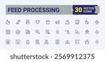 Feed Processing icon set. Includes icons for machinery, animal, screw, silos, feed, web, eat. Thin outline icons pack. Editable stroke. Vector illustration.