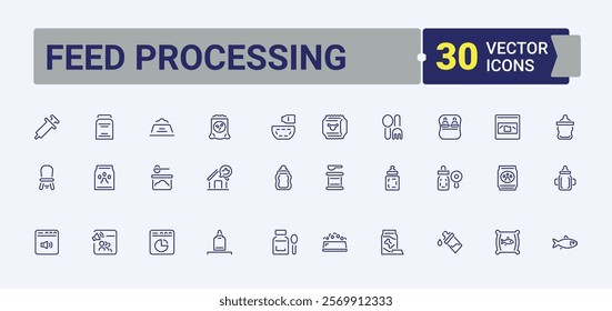 Feed Processing icon set. Includes icons for machinery, animal, screw, silos, feed, web, eat. Thin outline icons pack. Editable stroke. Vector illustration.