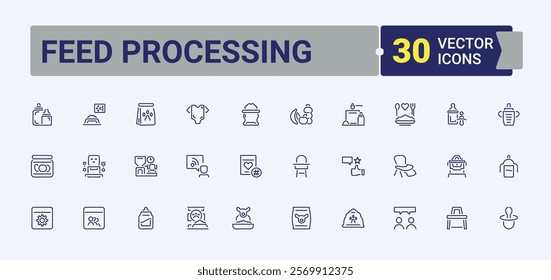 Feed Processing icon set. Includes icons for machinery, animal, screw, silos, feed, web, eat. Thin outline icons pack. Editable stroke. Vector illustration.