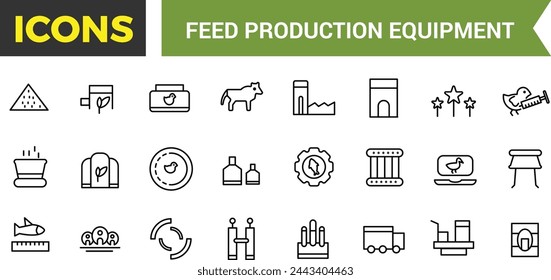 Feed Production Equipment Icon Set, Set Of Compound Feed Plant, Screw Conveyor, Pellet Cooler, Extruder Machine, Drum Dryer, Animal Feed Storage Silos Vector Icons, Vector Illustration