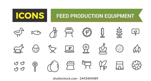 Feed Production Equipment Icon Set, Set Of Compound Feed Plant, Screw Conveyor, Pellet Cooler, Extruder Machine, Drum Dryer, Animal Feed Storage Silos Vector Icons, Vector Illustration