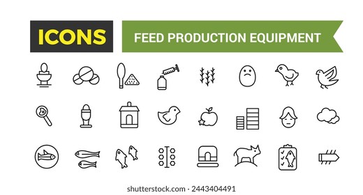 Feed Production Equipment Icon Set, Set Of Compound Feed Plant, Screw Conveyor, Pellet Cooler, Extruder Machine, Drum Dryer, Animal Feed Storage Silos Vector Icons, Vector Illustration