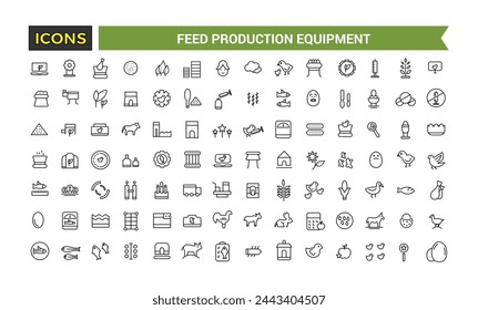 Feed Production Equipment Icon Set, Set Of Compound Feed Plant, Screw Conveyor, Pellet Cooler, Extruder Machine, Drum Dryer, Animal Feed Storage Silos Vector Icons, Vector Illustration