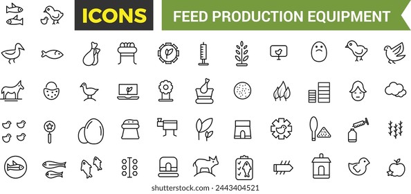 Feed Production Equipment Icon Set, Set Of Compound Feed Plant, Screw Conveyor, Pellet Cooler, Extruder Machine, Drum Dryer, Animal Feed Storage Silos Vector Icons, Vector Illustration