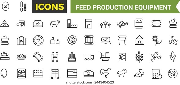 Feed Production Equipment Icon Set, Set Of Compound Feed Plant, Screw Conveyor, Pellet Cooler, Extruder Machine, Drum Dryer, Animal Feed Storage Silos Vector Icons, Vector Illustration