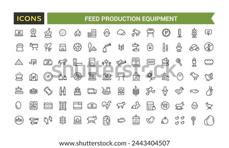 Feed Production Equipment Icon Set, Set Of Compound Feed Plant, Screw Conveyor, Pellet Cooler, Extruder Machine, Drum Dryer, Animal Feed Storage Silos Vector Icons, Vector Illustration