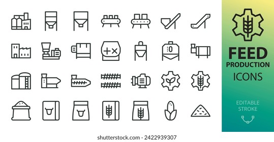 Feed production equipment isolated icon set. Set of compound feed plant, screw conveyor, feed granulator, mixer, pellet cooler, extruder machine, drum dryer, animal feed storage silos vector icons