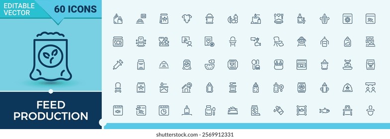 Feed Production icons set in linear style. Featuring granulated, simple, industrial, smart, manufacturing, animal, eat and more. Minimal linear icons. Vector illustration.