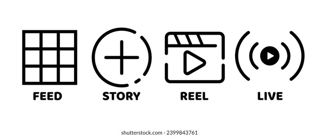 Feed, Story, Reel, and live social media icon symbol. Vector icon design