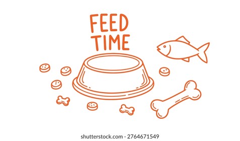 Feed time illustration featuring a pet food bowl, dog bone, fish, and treats in an orange line art style. Isolated on a white background for pet care concepts.