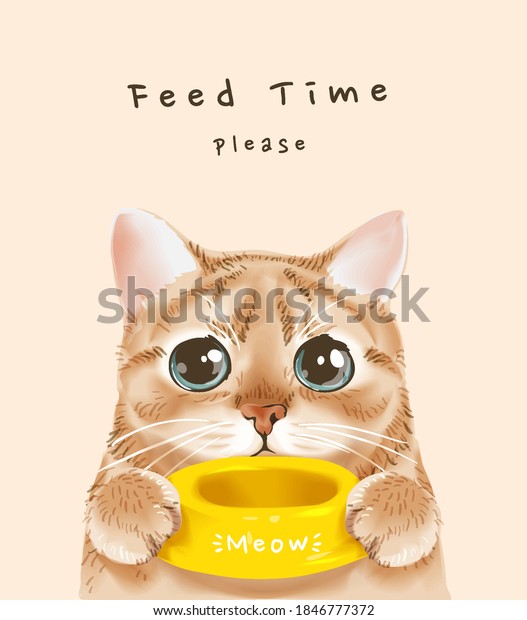 可愛い猫が食べ物を持つイラストで時間のスローガンを与える のベクター画像素材 ロイヤリティフリー