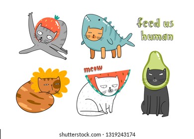 Feed us human. Cute hand drawn cartoon style cats in various costumes. Colored trendy vector illustration. All elements are isolated