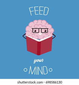 Feed Your Brain With Knowledge. Human Brain Reading A Book. Motivation, Balance, Thoughtful, Mindfulness Concept Illustration Vector.
