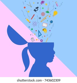 Feed Your Brain With Knowledge. Young Girl Silhouette With Open Head. Human Brain Reading A Book. Motivation, Balance, Thoughtful, Mindfulness Concept Illustration Vector.
