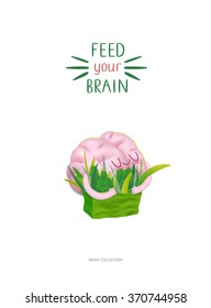 Feed your brain poster - the vector illustration of enjoining brain hugging a bag of greens with writing. Part of a Brain collection.