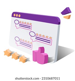 Feedback. 3D computer screen model with ratings and reviews. Vector graphics on a white background