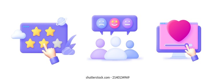 Feedback in 3d style. Good feedback concept. 3d chat icon set. 3d render vector illustration