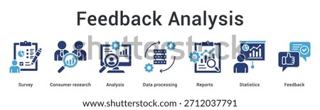 Feedback analysis banner web icon collects survey research data through processing for statistical reports and insights.