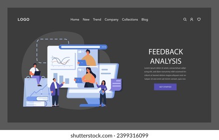 Feedback Analysis concept. A team engages in data-driven performance review using analytics to enhance strategies and outcomes. Flat vector illustration