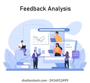 Feedback Analysis Konzept. Ein Team führt eine datengesteuerte Leistungsüberprüfung durch, bei der es Analytik zur Verbesserung von Strategien und Ergebnissen verwendet. Flache Vektorgrafik