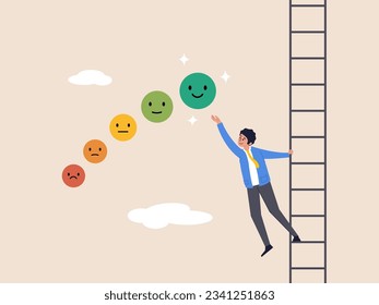 Feedback or appreciation rating concept. Customer satisfaction, positive score or good quality service, customer experience vote, young man climb up ladder to give positive smile feedback rating.