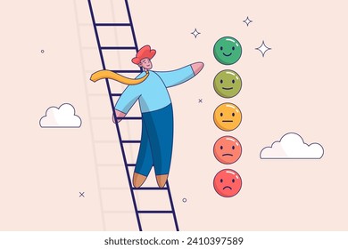 Feedback or appreciation rating concept. Customer satisfaction, positive score or good quality service, customer experience vote, young man climb up ladder to give positive smile feedback rating.