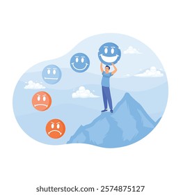 Feedback or appreciation rating. The young man on top of the mountain gives a positive smile feedback rating. Online Survey concept. Flat vector illustration.