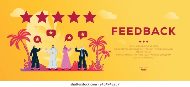 Feedback, Arab cartoon people wearing traditional clothes, vector illustration.